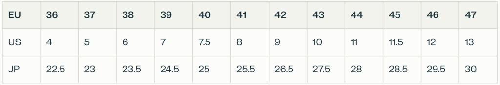 maison mihara yasuhiro sneaker size chart